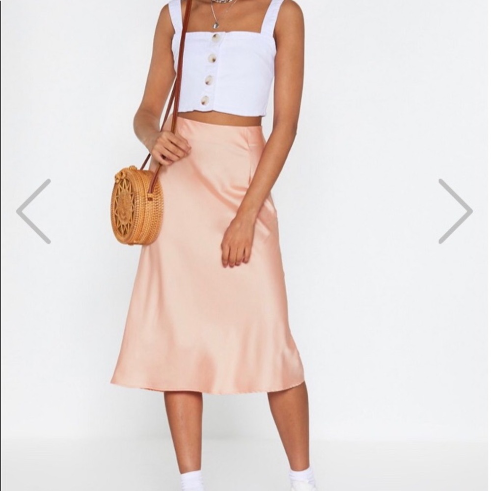 Just My Type Satin Midi Skirt in Pale Coral